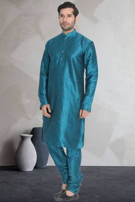 Turquoise art dupion silk mens plain kurta pajama 2