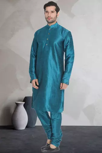 Turquoise art dupion silk mens plain kurta pajama