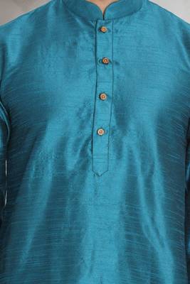 Turquoise art dupion silk mens plain kurta pajama 3