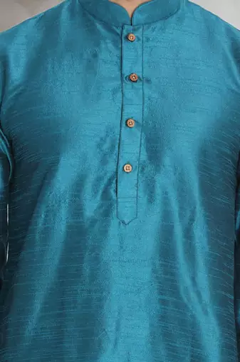 Turquoise art dupion silk mens plain kurta pajama