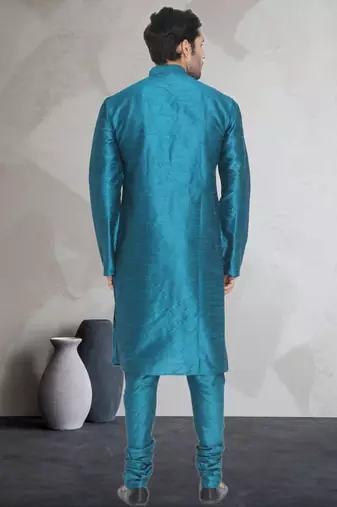 Turquoise art dupion silk mens plain kurta pajama