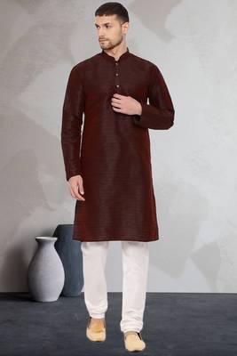 Brown art dupion silk mens plain kurta pajama 1