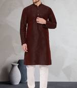 Brown art dupion silk mens plain kurta pajama