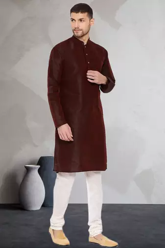 Brown art dupion silk mens plain kurta pajama