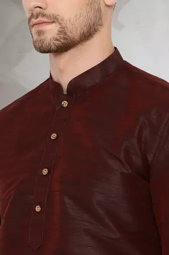 Brown art dupion silk mens plain kurta pajama