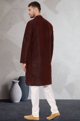 Brown art dupion silk mens plain kurta pajama 4