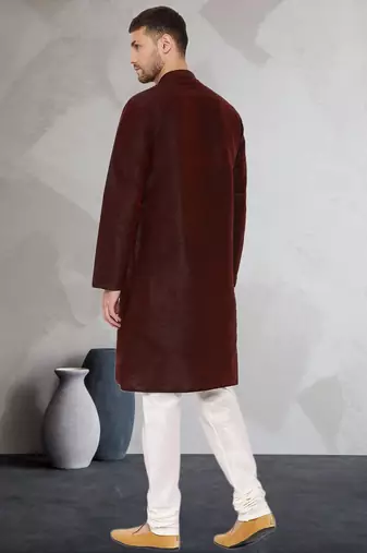 Brown art dupion silk mens plain kurta pajama