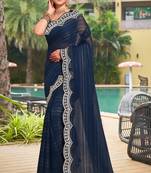 Teal Blue Sequence Embroidered Border Silk  Party Wear With Blouse Piece