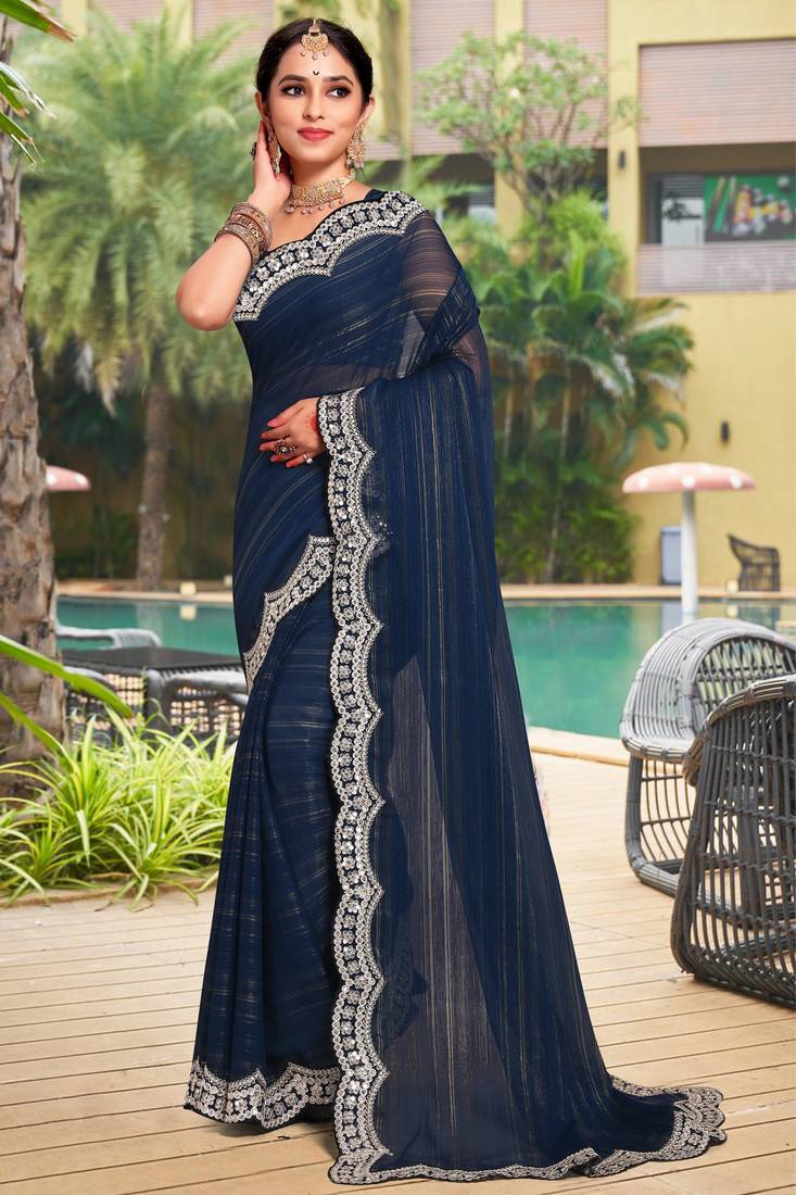Teal Blue Sequence Embroidered Border Silk  Party Wear With Blouse Piece