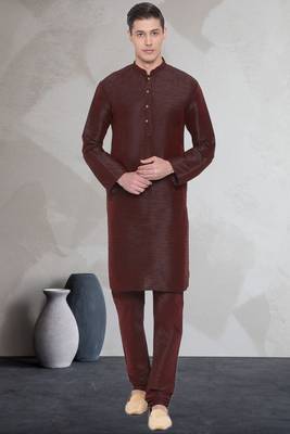 Brown art dupion silk mens plain kurta pajama 1