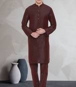 Brown art dupion silk mens plain kurta pajama