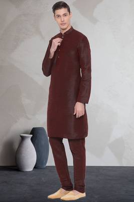 Brown art dupion silk mens plain kurta pajama 2