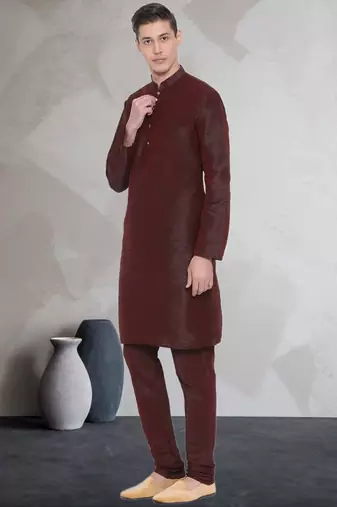 Brown art dupion silk mens plain kurta pajama