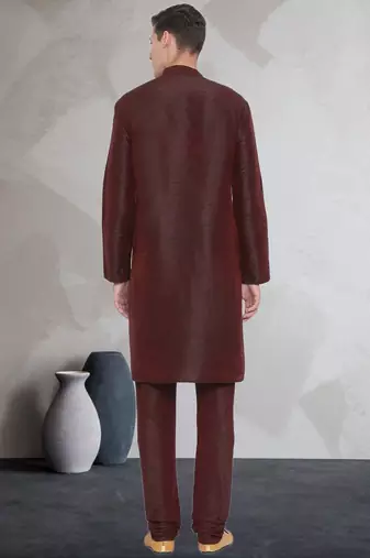 Brown art dupion silk mens plain kurta pajama