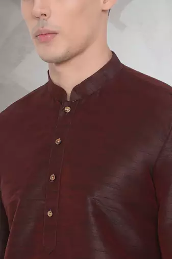 Brown art dupion silk mens plain kurta pajama