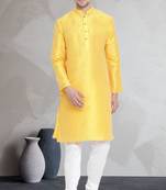 Yellow art dupion silk mens plain kurta pajama