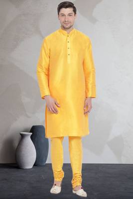 Yellow art dupion silk mens plain kurta pajama 1