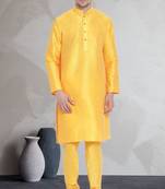 Yellow art dupion silk mens plain kurta pajama