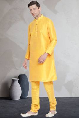 Yellow art dupion silk mens plain kurta pajama 2
