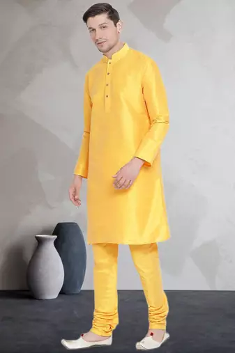 Yellow art dupion silk mens plain kurta pajama