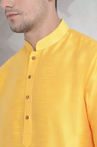 Yellow art dupion silk mens plain kurta pajama