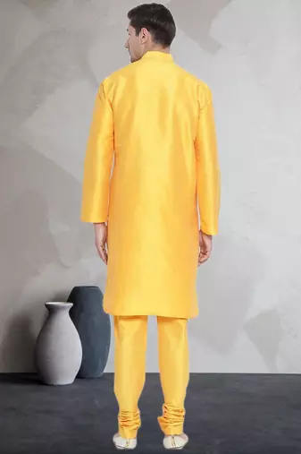 Yellow art dupion silk mens plain kurta pajama