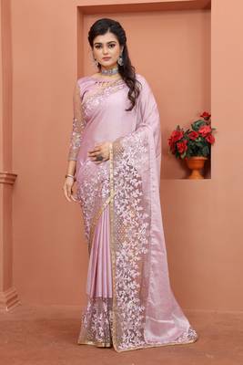 Lavender Embroidered Border Satin Silk Party Wear Wedding Saree With Blouse Piece 1