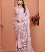 Lavender Embroidered Border Satin Silk Party Wear Wedding Saree With Blouse Piece