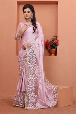 Lavender Embroidered Border Satin Silk Party Wear Wedding Saree With Blouse Piece 2