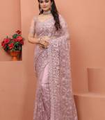 Lavender Sequin Embroidered Party Wear Net Saree With Blouse Piece