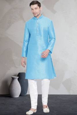 Blue art dupion silk mens plain kurta pajama 1