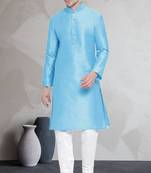 Blue art dupion silk mens plain kurta pajama