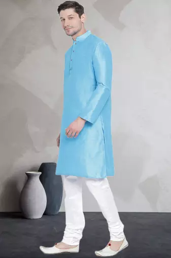 Blue art dupion silk mens plain kurta pajama