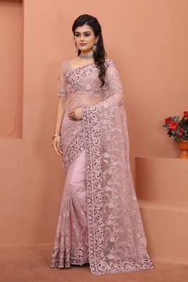 Lavender Sequin Zari Resham Embroidered Party Wear Net Saree With Blouse Piece 1