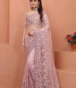 Lavender Sequin Zari Resham Embroidered Party Wear Net Saree With Blouse Piece