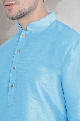 Blue art dupion silk mens plain kurta pajama 3