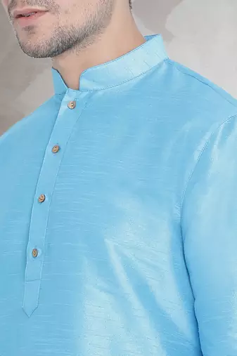 Blue art dupion silk mens plain kurta pajama