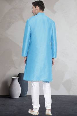 Blue art dupion silk mens plain kurta pajama 4