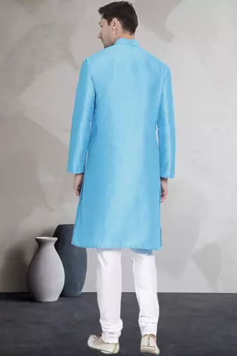 Blue art dupion silk mens plain kurta pajama
