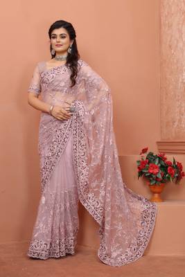 Lavender Sequin Zari Resham Embroidered Party Wear Net Saree With Blouse Piece 2