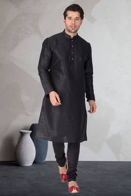 Black art dupion silk mens plain kurta pajama 1