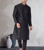 Black art dupion silk mens plain kurta pajama