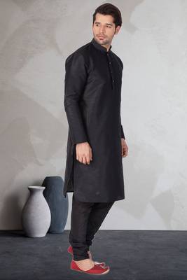 Black art dupion silk mens plain kurta pajama 2