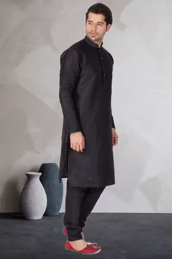 Black art dupion silk mens plain kurta pajama