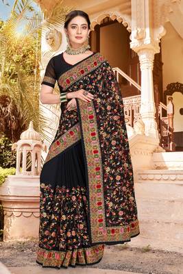 Black Kashmiri Resham Embroidered Georgette Party Wear Saree With Blouse Piece 1