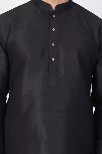 Black art dupion silk mens plain kurta pajama