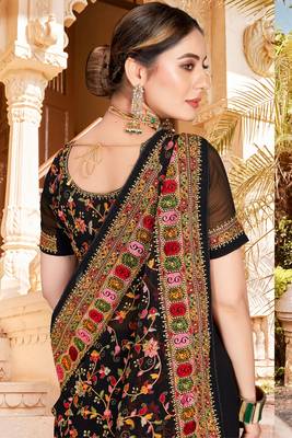 Black Kashmiri Resham Embroidered Georgette Party Wear Saree With Blouse Piece 2