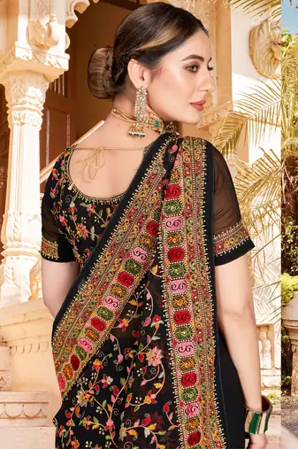 Black Kashmiri Resham Embroidered Georgette Party Wear Saree With Blouse Piece