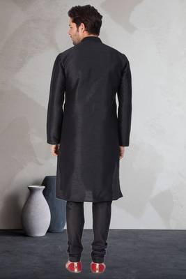 Black art dupion silk mens plain kurta pajama 4