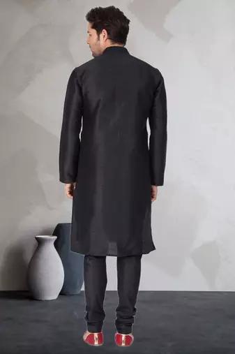 Black art dupion silk mens plain kurta pajama